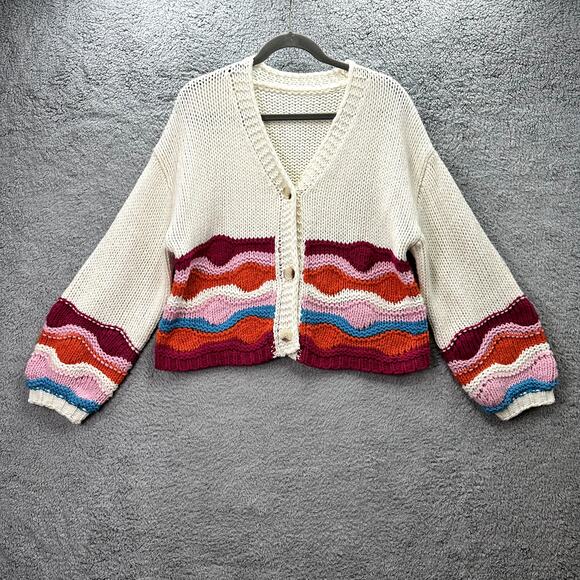 Cider Sweaters - Cider Women's Large Knit Cardigan Bright Color Pattern Boho Crop Comfort EUC